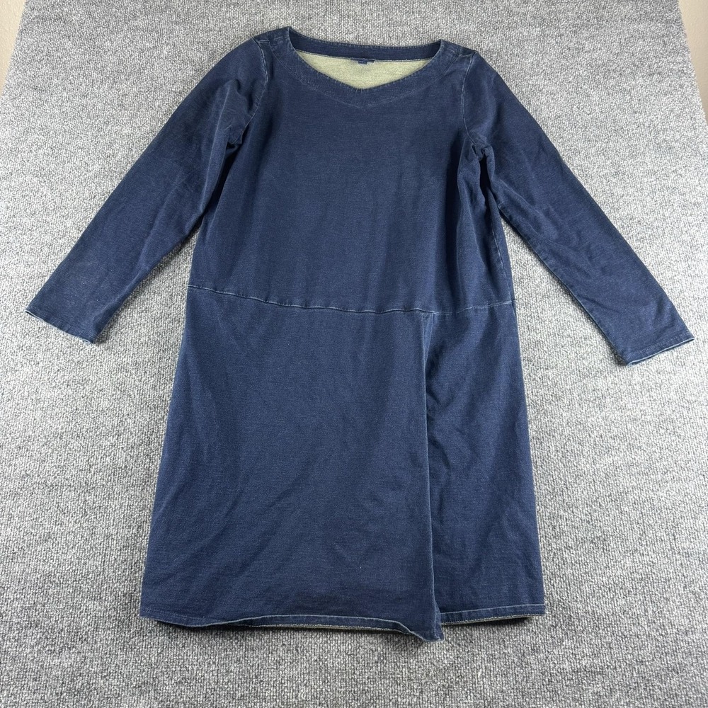 Pure Jill Dress Womens L‎ Blue Indigo  Long Sleeve V Neck Shift Pullover Cotton